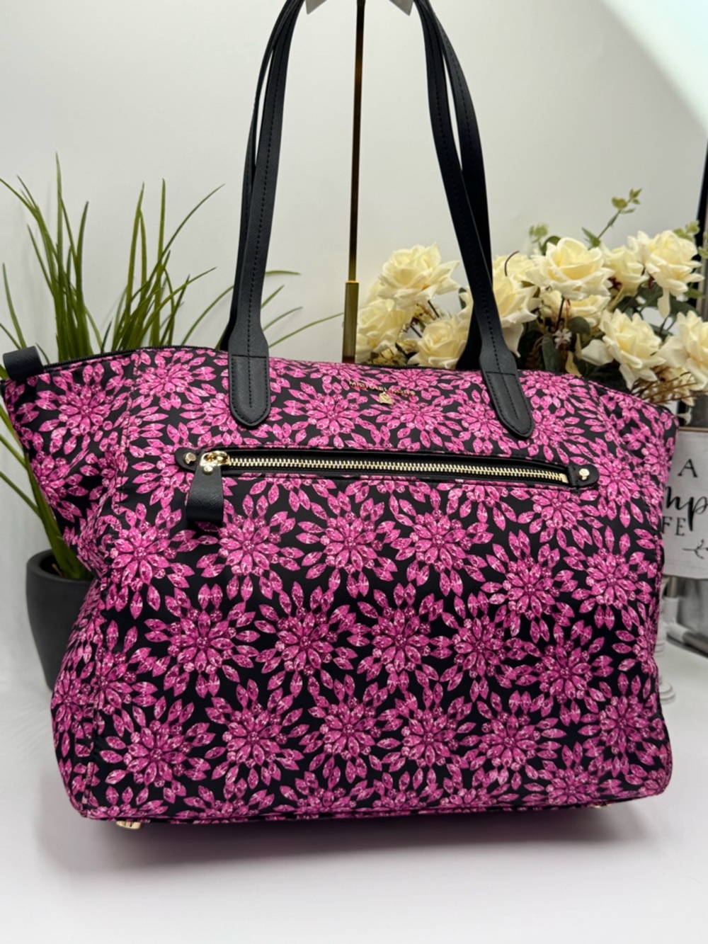 Michael Kors Large Pink Crystal Petal Floral Nylon Tote Bag